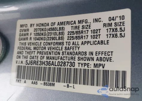 2010 Honda Cr-V Lx from USA, damaged, VIN 5J6RE3H36AL028730
